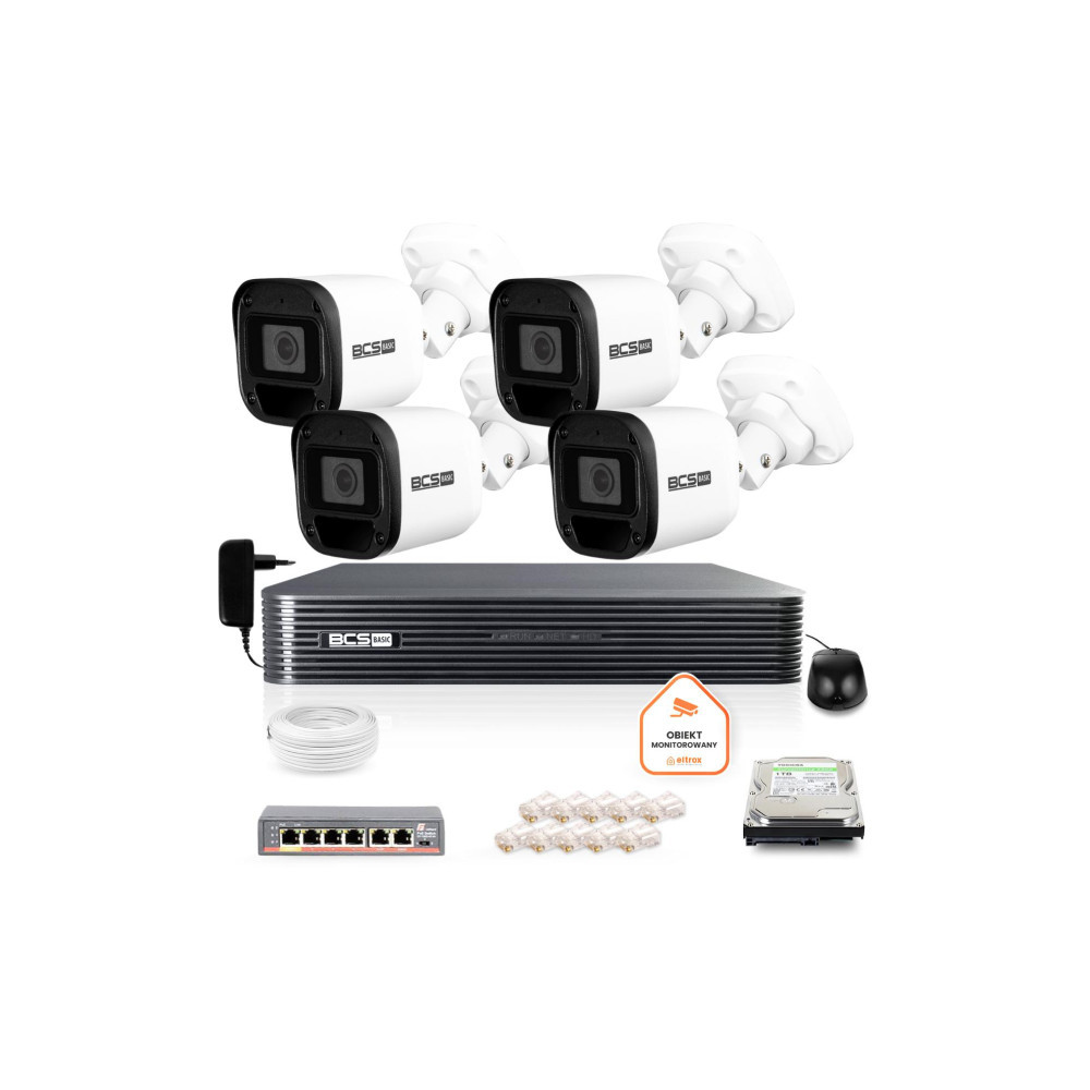 Zestaw monitoringu IP BCS Basic 4x Kamera BCS-B-TIP12FR3(2.0) Rejestrator z dyskiem