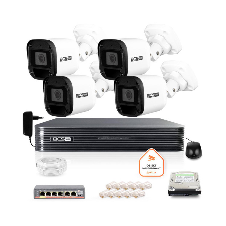 Zestaw monitoringu IP BCS Basic 4x Kamera BCS-B-TIP12FR3(2.0) Rejestrator z dyskiem
