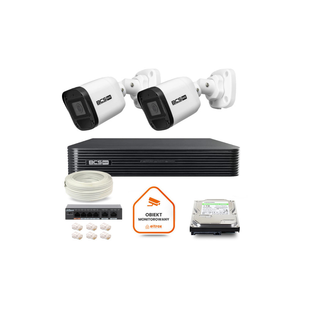 Zestaw monitoringu IP BCS Basic 2x Kamera BCS-B-TIP15FR3(2.0) Rejestrator z dyskiem