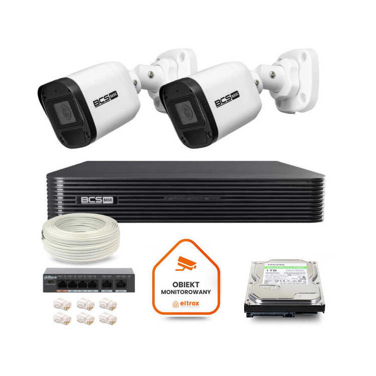 Zestaw monitoringu IP BCS Basic 2x Kamera BCS-B-TIP15FR3(2.0) Rejestrator z dyskiem