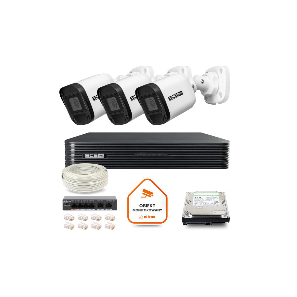 Zestaw monitoringu IP BCS Basic 3x Kamera BCS-B-TIP15FR3(2.0) Rejestrator z dyskiem