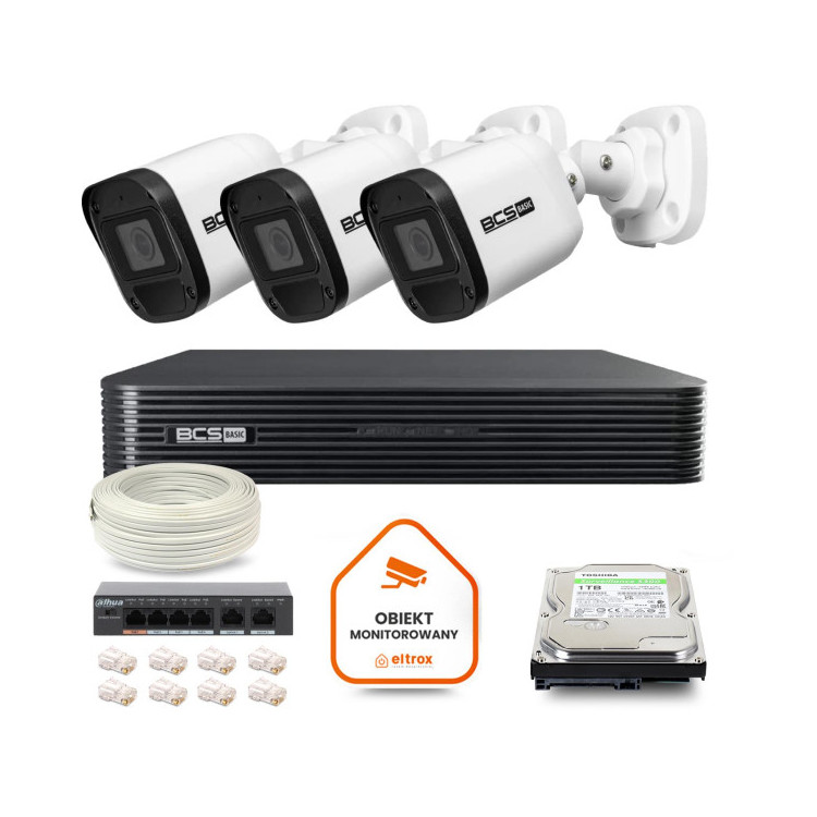Zestaw monitoringu IP BCS Basic 3x Kamera BCS-B-TIP15FR3(2.0) Rejestrator z dyskiem