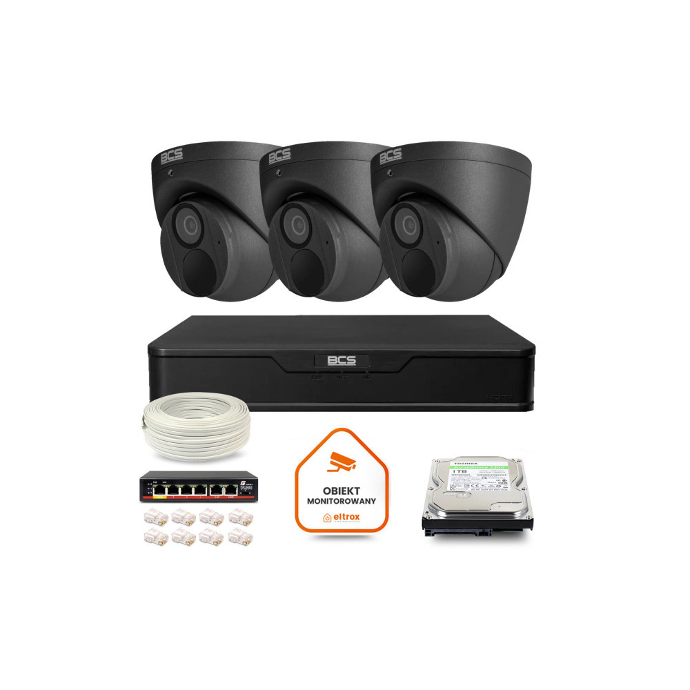 Zestaw monitoringu IP BCS Point 3x Kamera BCS-P-EIP28FWR3-Ai2-G Rejestrator z dyskiem