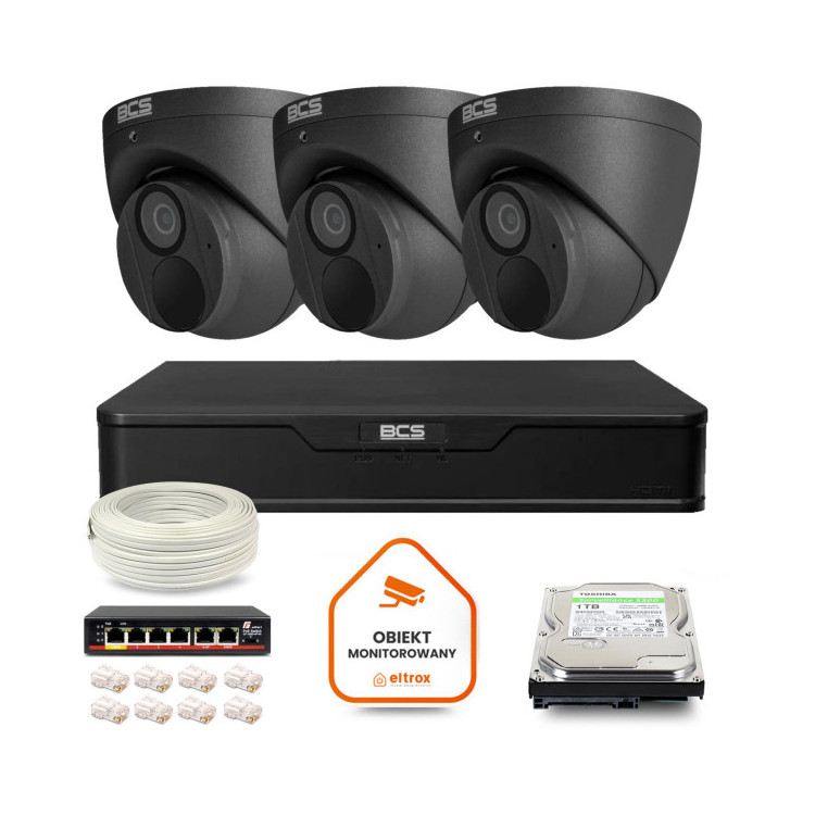 Zestaw monitoringu IP BCS Point 3x Kamera BCS-P-EIP28FWR3-Ai2-G Rejestrator z dyskiem
